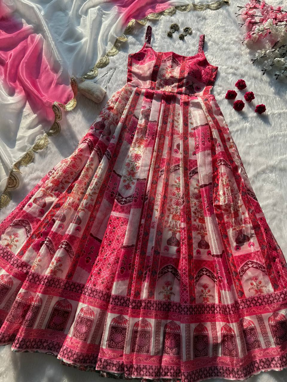Multicolor Digital Printed Organza Pleated Gown with Dupatta ClothsVilla