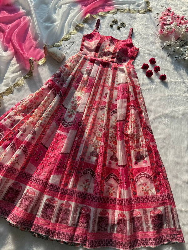 Multicolor Digital Printed Organza Pleated Gown with Dupatta ClothsVilla