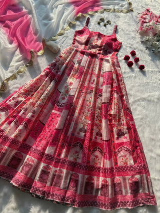 Multicolor Digital Printed Organza Pleated Gown with Dupatta ClothsVilla