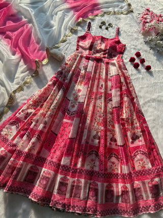 Multicolor Digital Printed Organza Pleated Gown with Dupatta ClothsVilla