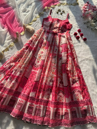 Multicolor Digital Printed Organza Pleated Gown with Dupatta ClothsVilla