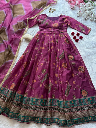 Multicolor Printed Organza Pleated Anarkali Gown with Dupatta ClothsVilla