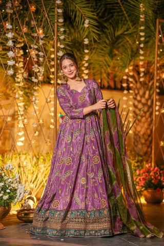 Multicolor Printed Organza Pleated Anarkali Gown with Dupatta ClothsVilla