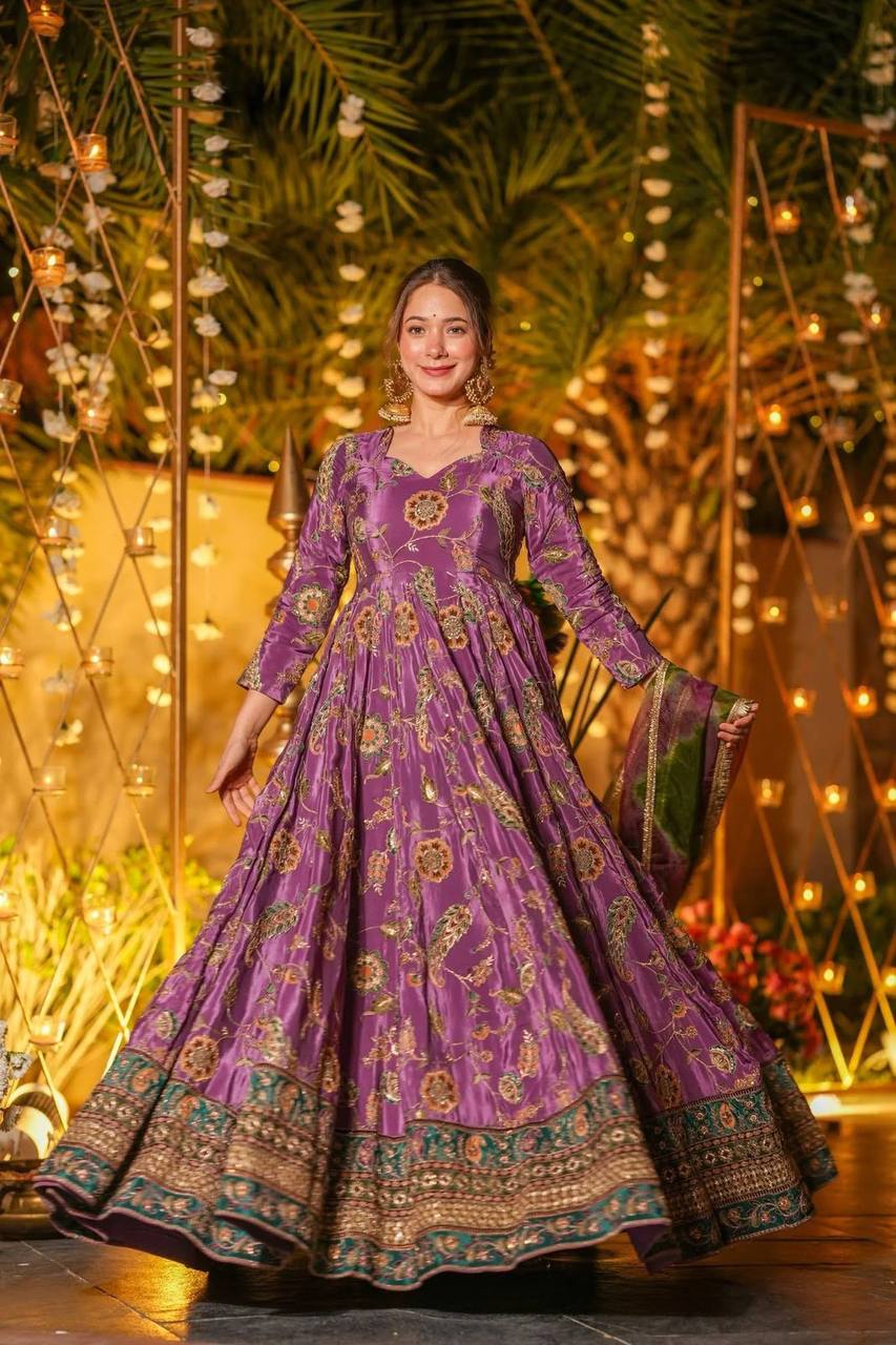 Multicolor Printed Organza Pleated Anarkali Gown with Dupatta ClothsVilla