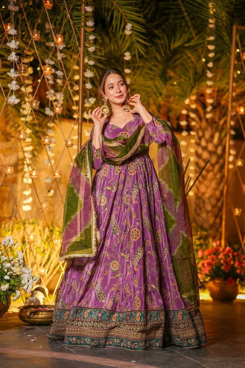Multicolor Printed Organza Pleated Anarkali Gown with Dupatta ClothsVilla
