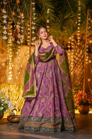 Multicolor Printed Organza Pleated Anarkali Gown with Dupatta ClothsVilla