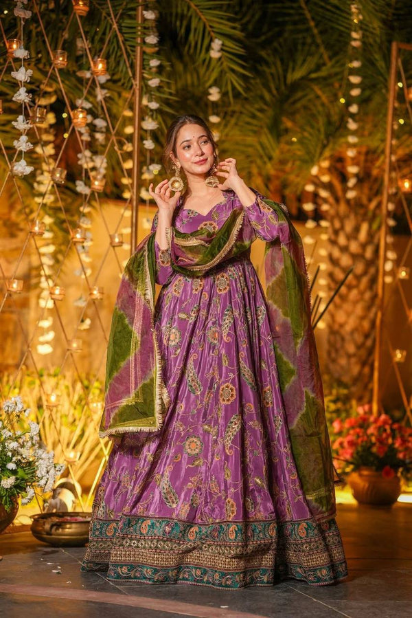 Multicolor Printed Organza Pleated Anarkali Gown with Dupatta ClothsVilla