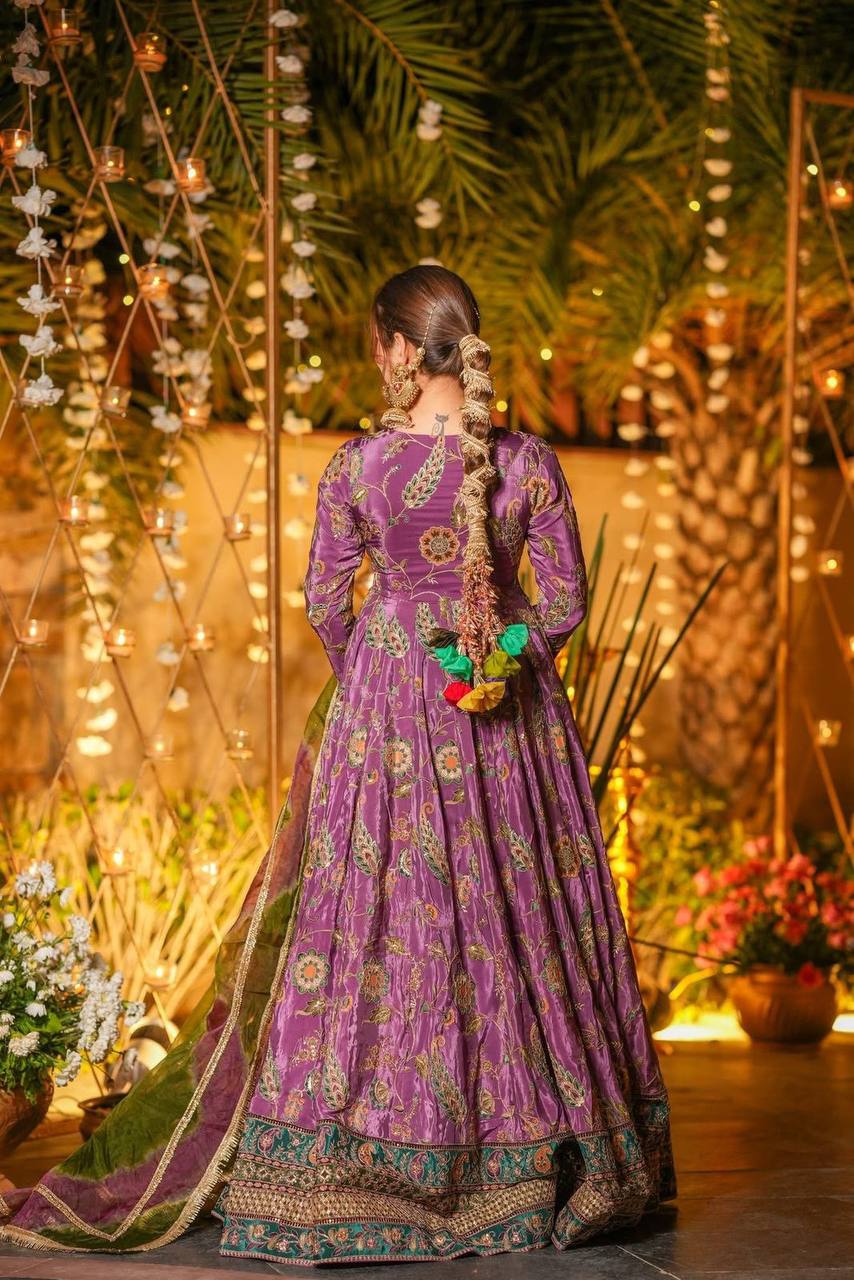 Multicolor Printed Organza Pleated Anarkali Gown with Dupatta ClothsVilla