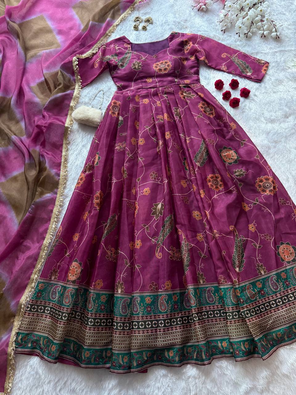 Multicolor Printed Organza Pleated Anarkali Gown with Dupatta ClothsVilla