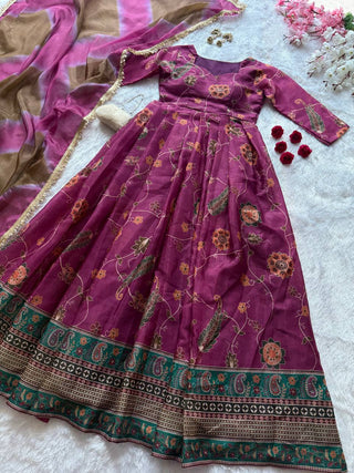 Multicolor Printed Organza Pleated Anarkali Gown with Dupatta ClothsVilla