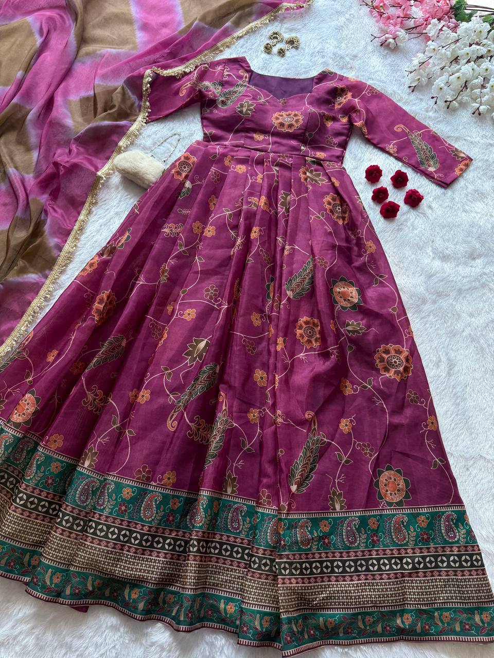 Multicolor Printed Organza Pleated Anarkali Gown with Dupatta ClothsVilla