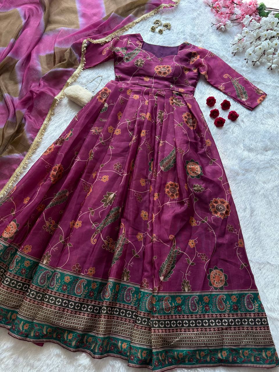Multicolor Printed Organza Pleated Anarkali Gown with Dupatta ClothsVilla