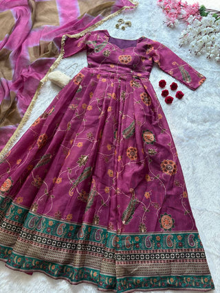 Multicolor Printed Organza Pleated Anarkali Gown with Dupatta ClothsVilla