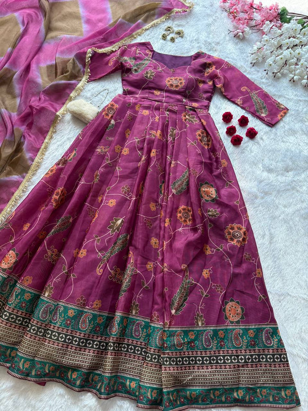 Multicolor Printed Organza Pleated Anarkali Gown with Dupatta ClothsVilla