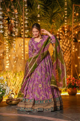 Multicolor Printed Organza Pleated Anarkali Gown with Dupatta ClothsVilla