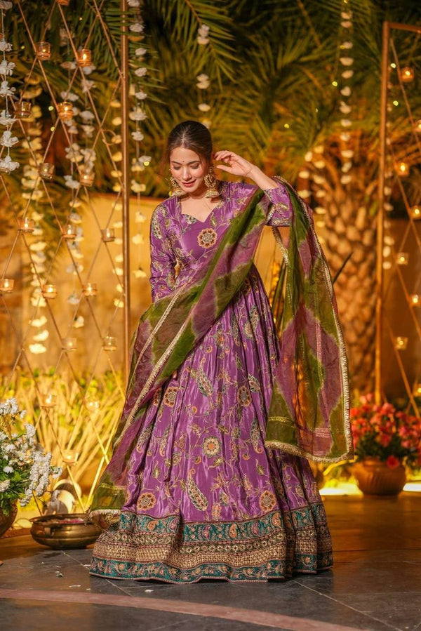 Multicolor Printed Organza Pleated Anarkali Gown with Dupatta ClothsVilla