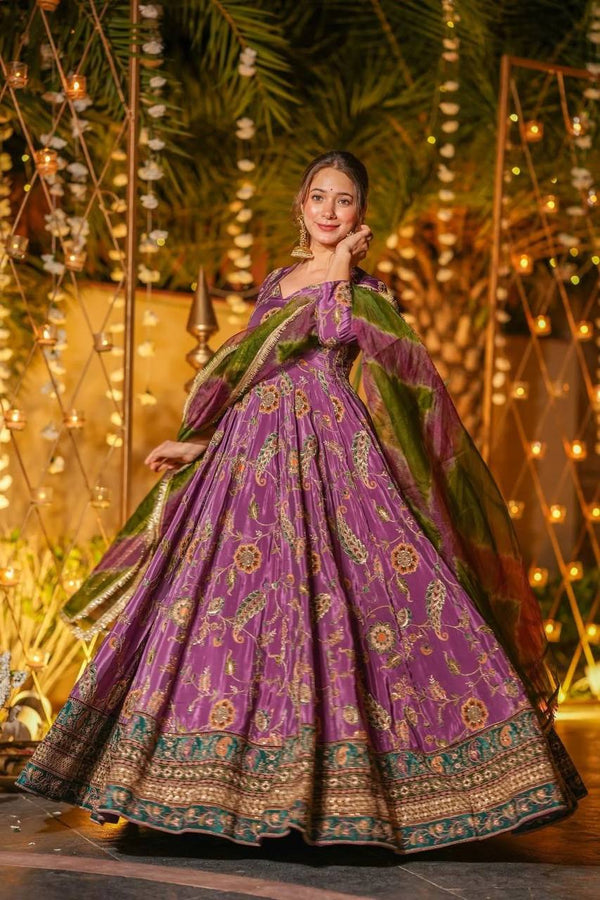 Multicolor Printed Organza Pleated Anarkali Gown with Dupatta ClothsVilla