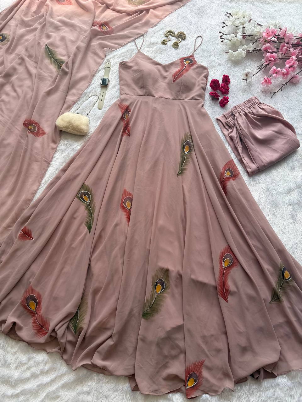 Multicolor Handpaint Georgette Anarkali Suit with Dupatta ClothsVilla