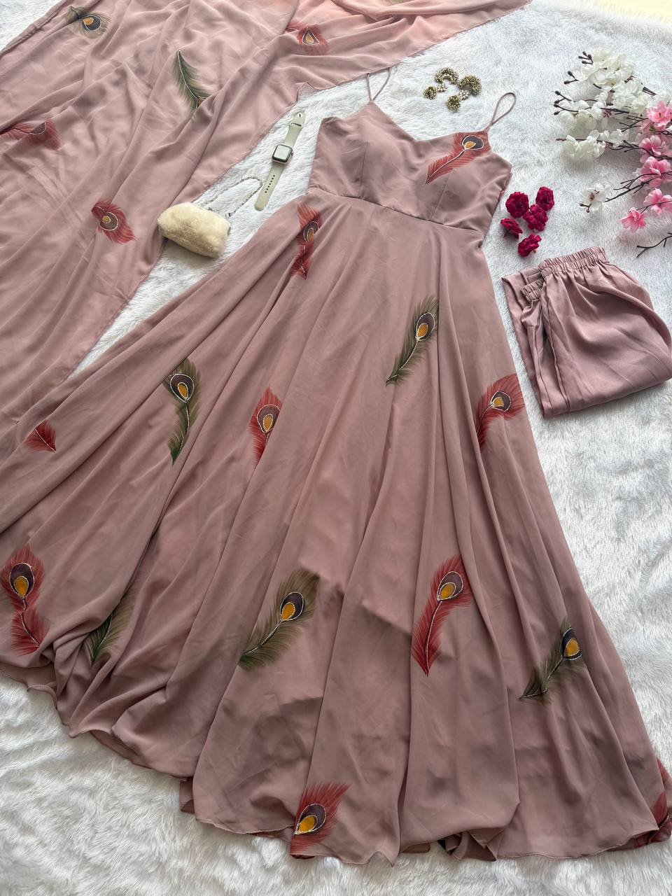 Multicolor Handpaint Georgette Anarkali Suit with Dupatta ClothsVilla