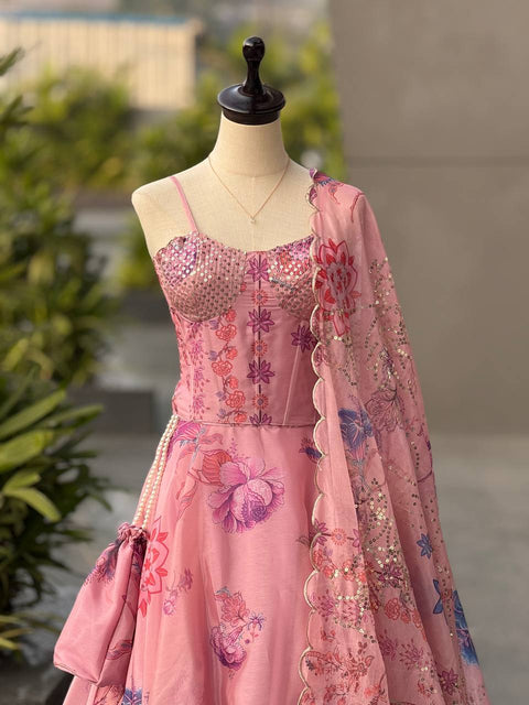 Multicolor Printed Organza Corset Lehenga Choli with Batwa ClothsVilla Main image