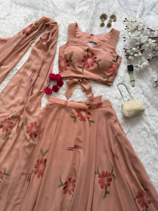 Peach Handpaint Georgette Lehenga Choli ClothsVilla