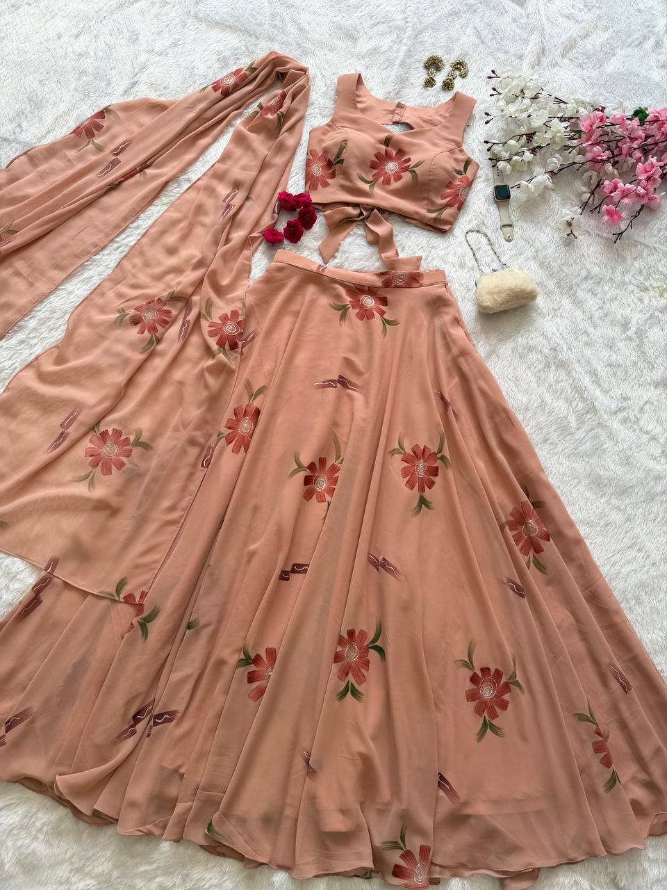 Peach Handpaint Georgette Lehenga Choli ClothsVilla