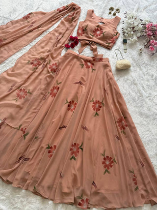 Peach Handpaint Georgette Lehenga Choli ClothsVilla