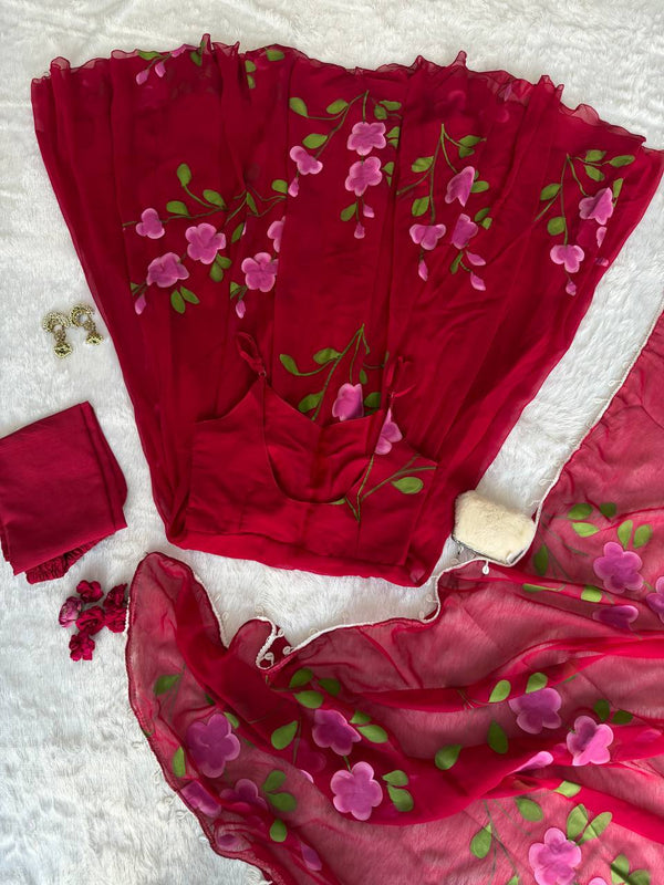 Red Handpaint Georgette Anarkali Suit ClothsVilla