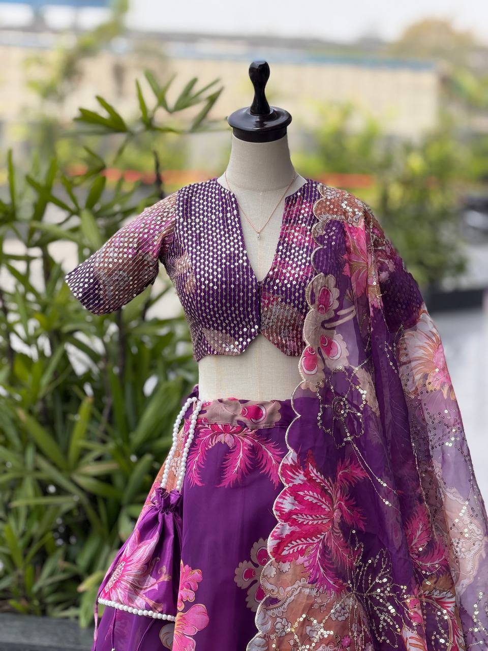 Purple & Pink Printed Organza Embroidered Lehenga Choli ClothsVilla