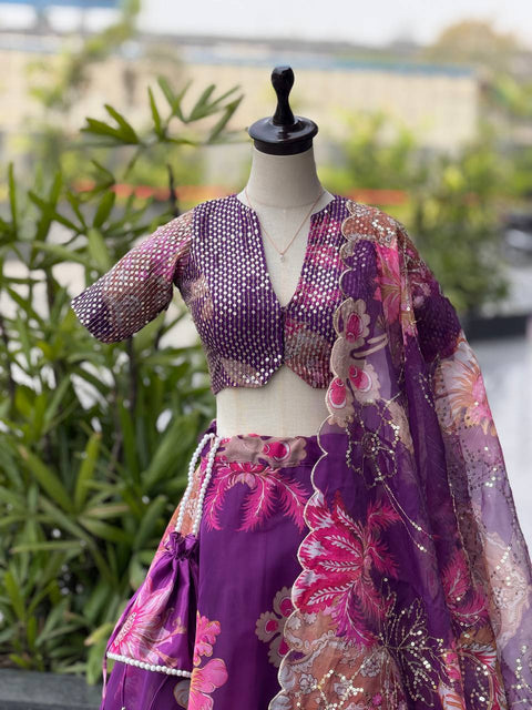 Purple & Pink Printed Organza Embroidered Lehenga Choli ClothsVilla Main image
