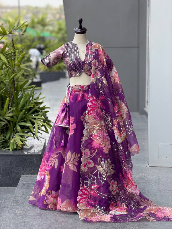 Purple & Pink Printed Organza Embroidered Lehenga Choli ClothsVilla