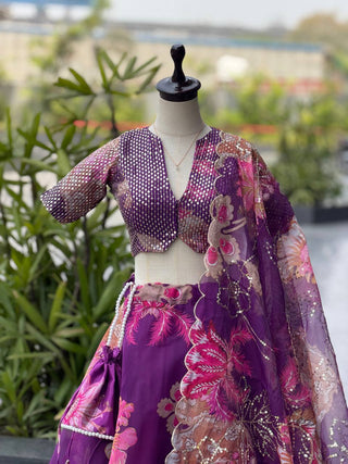 Purple & Pink Printed Organza Embroidered Lehenga Choli ClothsVilla