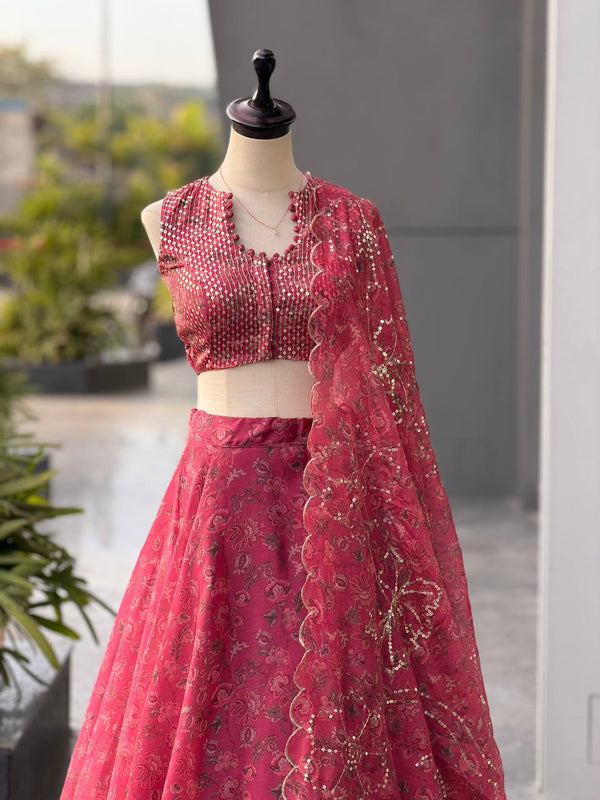 Rani Pink Printed Organza Embroidered Lehenga Choli ClothsVilla