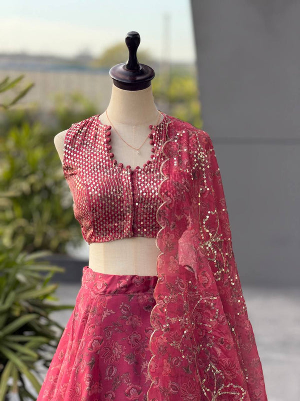 Rani Pink Printed Organza Embroidered Lehenga Choli ClothsVilla