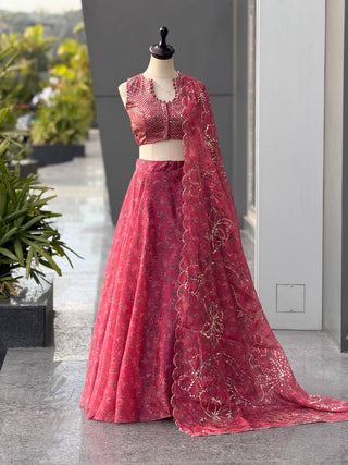 Rani Pink Printed Organza Embroidered Lehenga Choli ClothsVilla