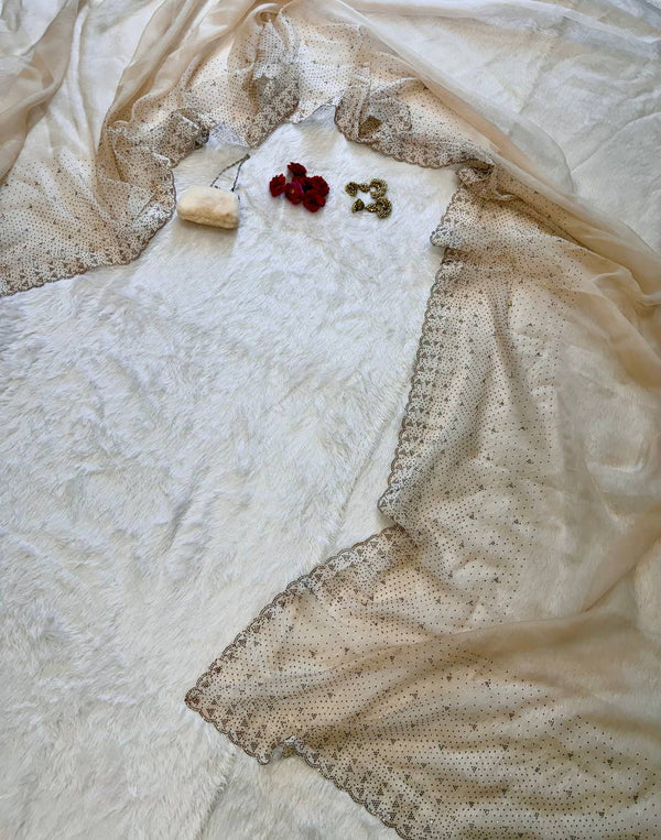 Ivory Silk Saree with Decorative Stone Work ClothsVilla