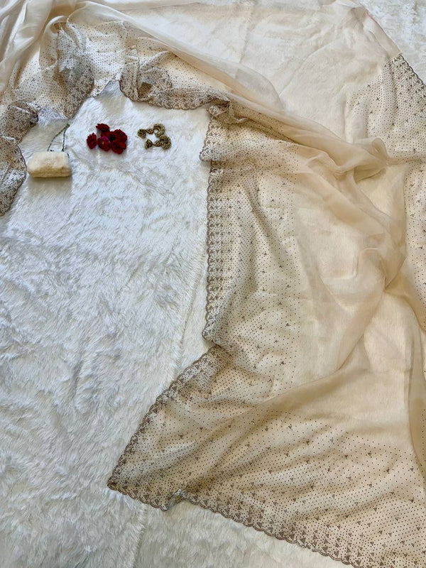Ivory Silk Saree with Decorative Stone Work ClothsVilla