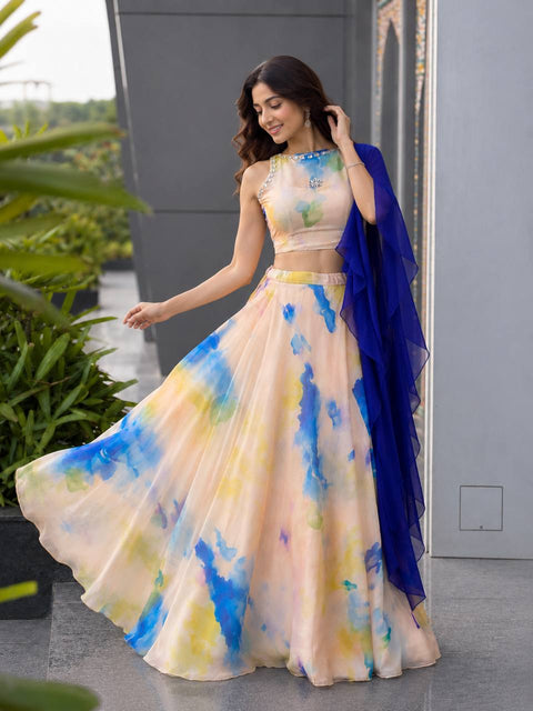 Beige & Royal Blue Printed Organza Lehenga Choli ClothsVilla Main image