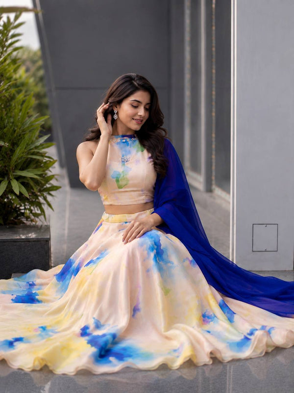Beige & Royal Blue Printed Organza Lehenga Choli ClothsVilla