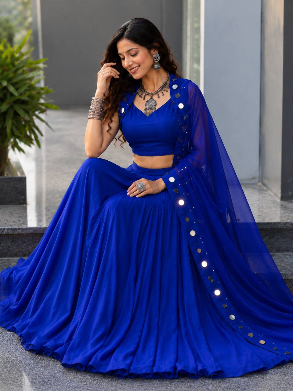 Royal Blue Cotton Mirror Work Lehenga Choli ClothsVilla