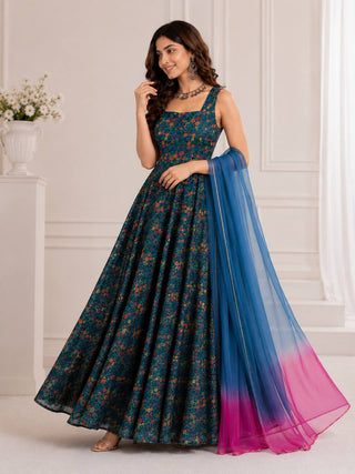 Teal Blue Printed Organza Gown with Dupatta ClothsVilla