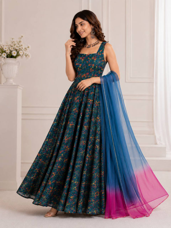 Teal Blue Printed Organza Gown with Dupatta ClothsVilla