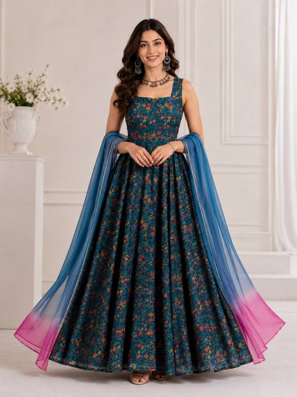 Teal Blue Printed Organza Gown with Dupatta ClothsVilla