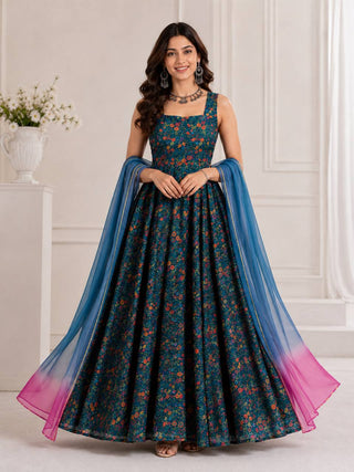 Teal Blue Printed Organza Gown with Dupatta ClothsVilla