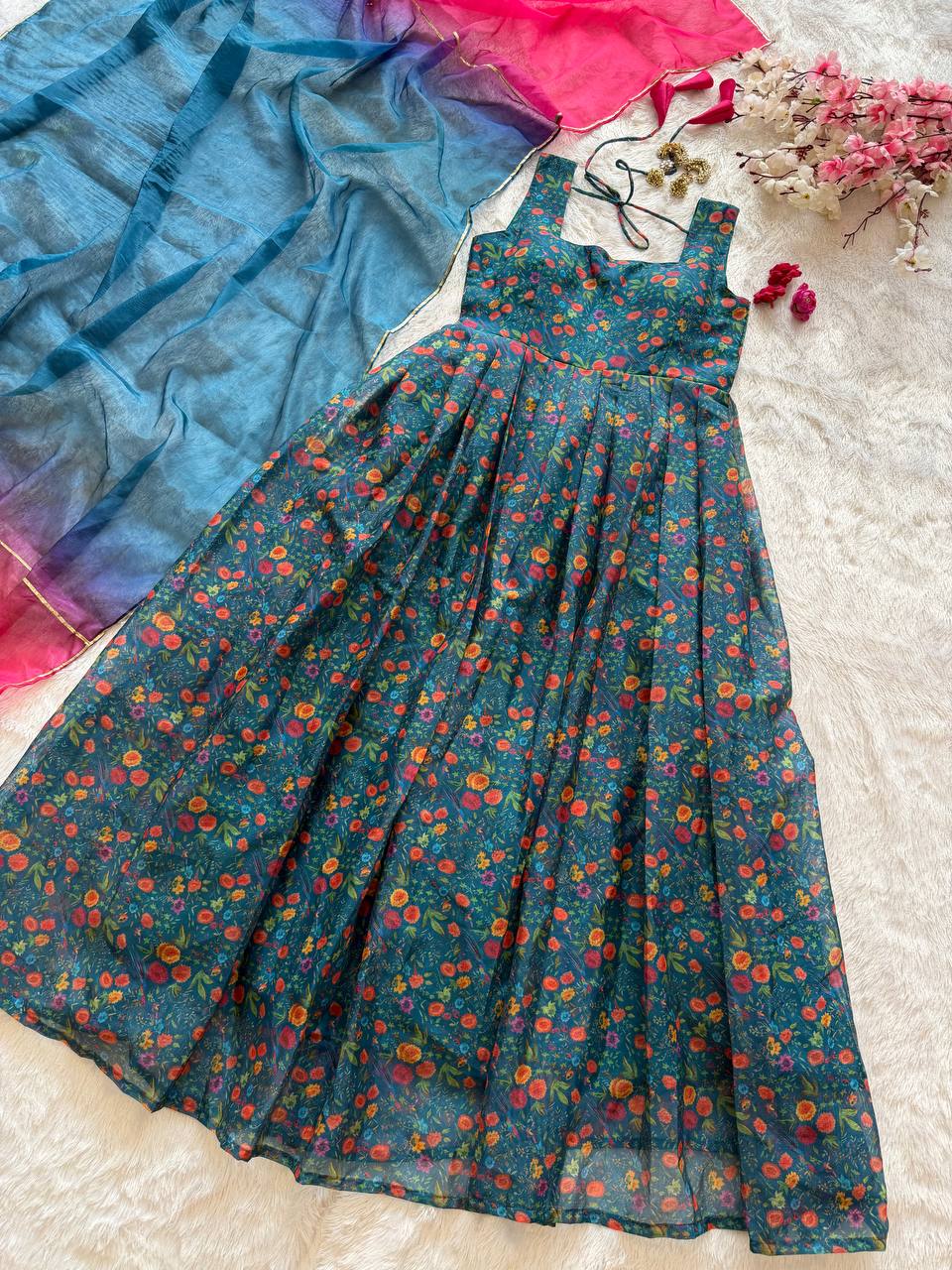 Teal Blue Printed Organza Gown with Dupatta ClothsVilla