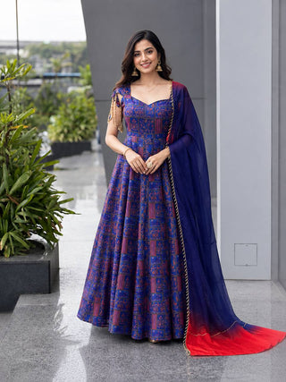 Navy Blue Printed Organza Gown with Dupatta ClothsVilla