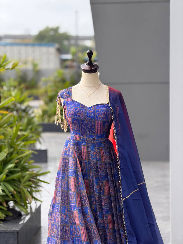 Navy Blue Printed Organza Gown with Dupatta ClothsVilla