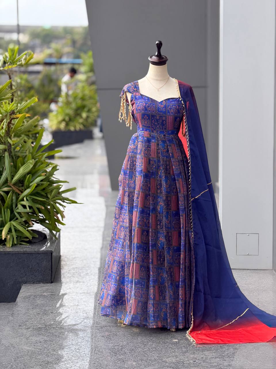 Navy Blue Printed Organza Gown with Dupatta ClothsVilla