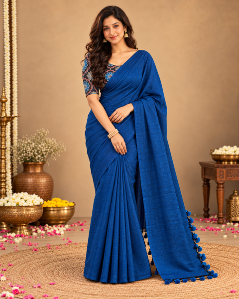 Indigo Blue Textured Cotton-Acrylic Saree with Ajrakh-Style Printed Blouse ClothsVilla Main image