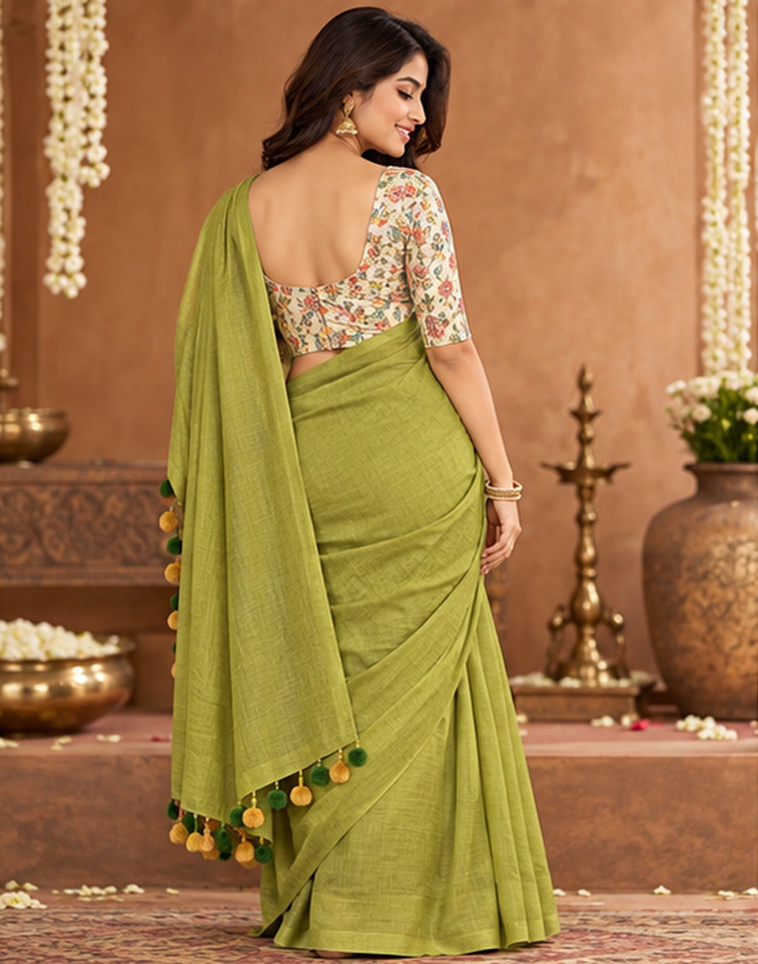 Lime Green Cotton-Acrylic Saree with Floral Blouse & Tassels ClothsVilla